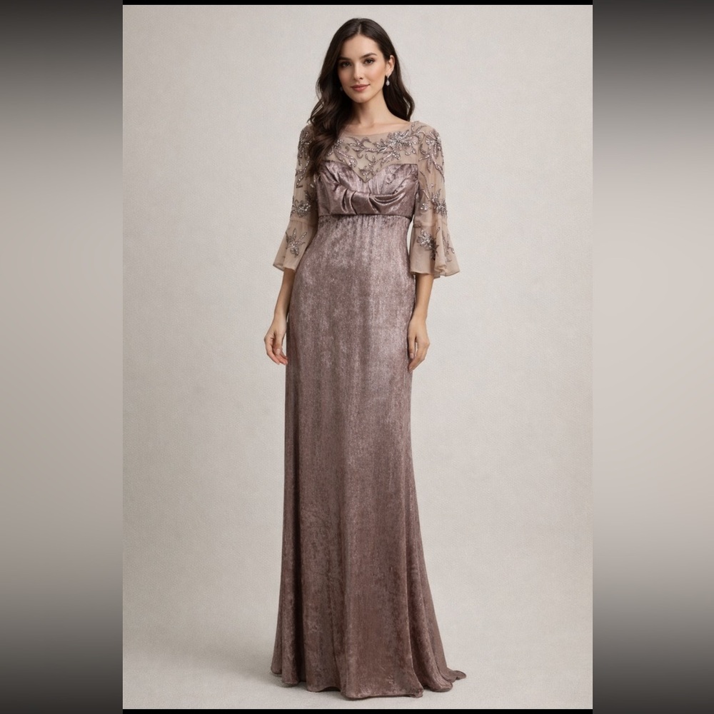 Embellished Taupe Velvet Evening Gown - Picture 1 of 11